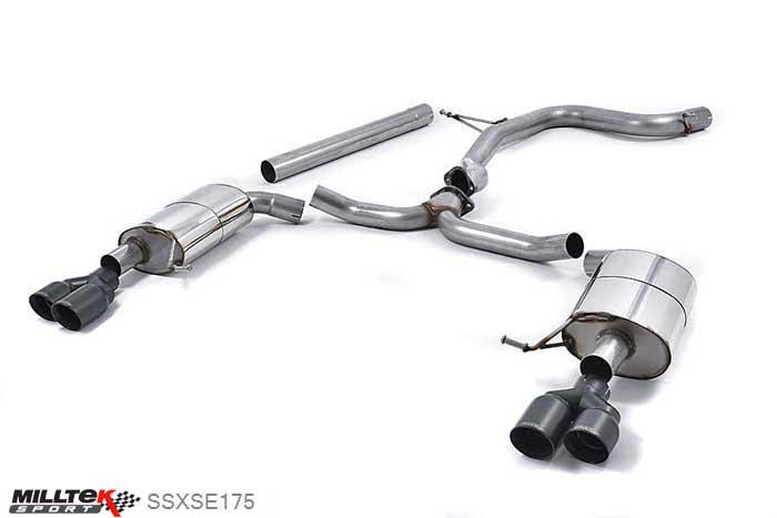 SSXSE175, Seat Leon ST Cupra 280 and 290 2.0 TSI (280 and 290PS) 2015- Milltek, Cat-back system, Non-resonated (louder). Quad Round Cerakote Black Tips. Twin 80mm GT80 Cerakote Black, 3 inch, 76,2mm
