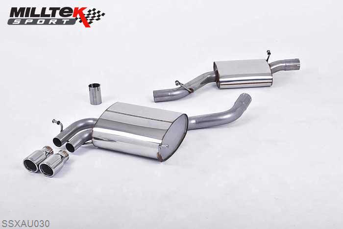 SSXAU030, Audi A3 3.2 V6 quattro 3 door and 5 door Sportback 2003-2012 Milltek, Cat-back system, Resonated (quieter) Twin 76.2mm Jet, 2,5 inch, 63,5mm