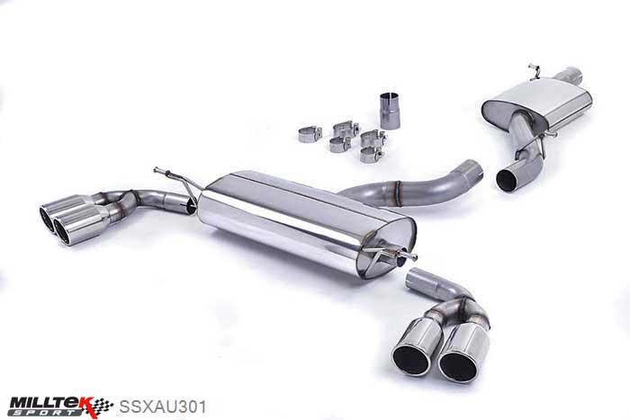 SSXAU301, Audi TT Mk2 3.2 quattro 2006-2010 Milltek, Cat-back system, Quad-outlet. Non-resonated (louder). Standard valance requires cutting (template supplied) Twin 90mm Jet, 2,75 inch, 69,85mm