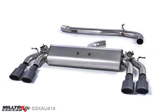SSXAU414, Audi S/RS S3 2.0 TFSI quattro Sportback 8V 2013- Milltek, Cat-back system, Non-resonated (louder). Quad Oval Cerakote Black Tips 104x80mm Black Velvet Oval, 3 inch, 76,2mm