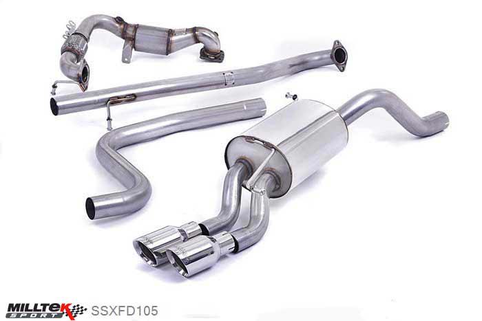 SSXFD105, Ford Fiesta 1.0T EcoBoost (100/125/140PS) 2013- Milltek, Turbo-back system including Hi-Flow Sports Cat, Non-resonated (louder). Polished Tips. Requires a Stage 2 ECU remap. Requires Fiesta Zetec S rear valance (part number 1833264) available from your local Ford dealer Twin 80mm GT80 Polished, 2,37 inch, 60,3mm