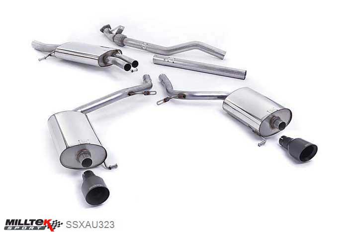 SSXAU323, Audi A4 1.8T B6 2WD Saloon - Avant 163BHP (5 speed) 2001-2005 Milltek, Cat-back system, with 100mm detachable black trims Dual 100mm GT100 Cerakote Black, 2,5 inch, 63,5mm