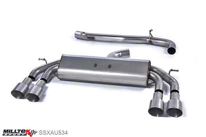 SSXAU534, Audi S/RS S3 2.0 TFSI quattro Sportback 8V 2013- Milltek, Cat-back system, Non-Valved Race System. Non-resonated (louder). Quad Round Titanium Tips Quad 100mm GT100 Titanium, 3 inch, 76,2mm