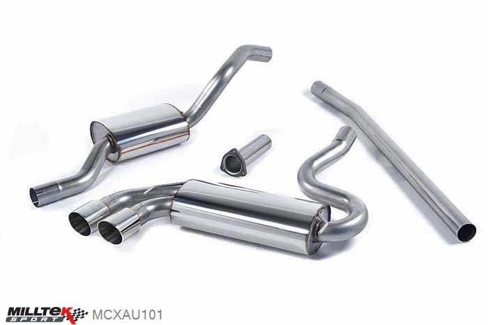 MCXAU101, Audi Coupe UR quattro 10v Turbo 1981-1989 Milltek, Downpipe-back system, Resonated (quieter). Polished OEM-Style Tips. Requires 4 holes to be drilled into the boot floor to allow fitment of the new Milltek Sport exhaust hangers Twin 90mm GT90 Polished, 2,5 inch, 63,5mm