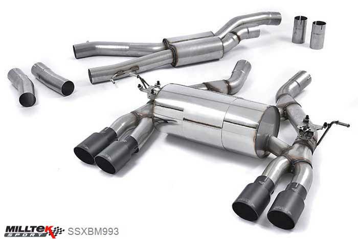 SSXBM993, BMW 3 Series F80 M3 Saloon 2014- Milltek, Cat-back system, EC-Approved. Cerakote Black Tips Quad 90mm GT90 Cerakote Black, 2,76 inch, 70mm