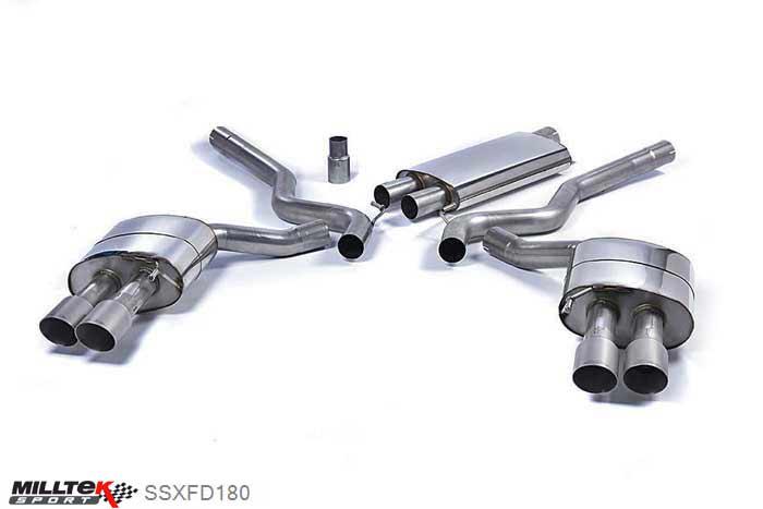 SSXFD180, Ford Mustang 2.3 EcoBoost (Fastback) 2015- Milltek, Cat-back system, Quad Outlet Resonated with GT-90 Titanium Trims (requires Roush Performance Rear Valance) Quad 90mm GT90 Titanium, 2,76 inch, 70mm
