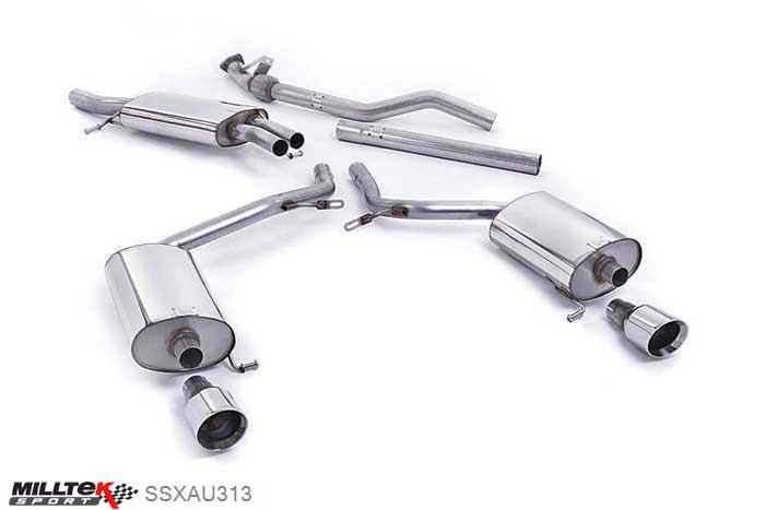 SSXAU313, Audi A4 1.8T B6 2WD Saloon - Avant 163BHP (5 speed) 2001-2005 Milltek, Cat-back system, with 100mm detachable trims Dual 100mm GT100 Polished, 2,5 inch, 63,5mm