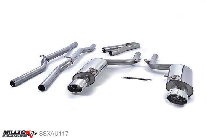 SSXAU117, Audi S/RS RS4 B7 4.2 V8 Saloon Avant and Cabriolet 2006-2008 Milltek, Cat-back system, Non-resonated. Without Exhaust Valves. Polished Oval Trims Special 224 Special 225, 2,36 inch, 60mm