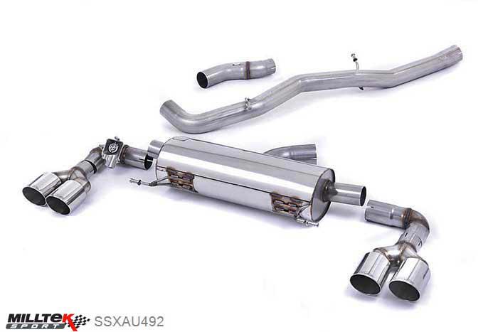 SSXAU492, Audi S/RS S1 2.0 TFSI quattro 2014- Milltek, Cat-back system, Non-resonated (louder). Quad Polished Round Tips Polished GT90, 3 inch, 76,2mm
