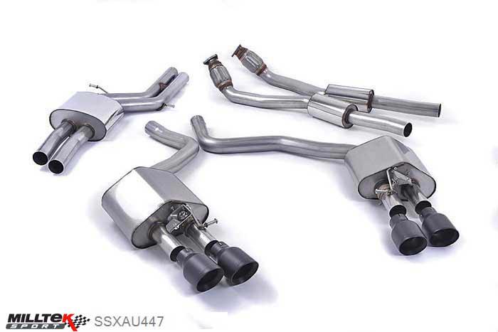 SSXAU447, Audi S/RS S7 Sportback 4.0 TFSI quattro S tronic 2012- Milltek, Cat-back system, Resonated (quieter) with Cerakote Black tips. Some 2016 and later models have an updated valve location on one rear silencer meaning the wiring loom needs extending to accommodate. Quad 100mm GT100 Cerakote Black, 2,76 inch, 70mm
