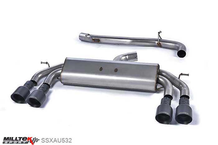 SSXAU532, Audi S/RS S3 2.0 TFSI quattro Sportback 8V 2013- Milltek, Cat-back system, Non-Valved Race System. Non-resonated (louder). Quad Round Cerakote Black Tips Quad 100mm GT100 Cerakote Black, 3 inch, 76,2mm