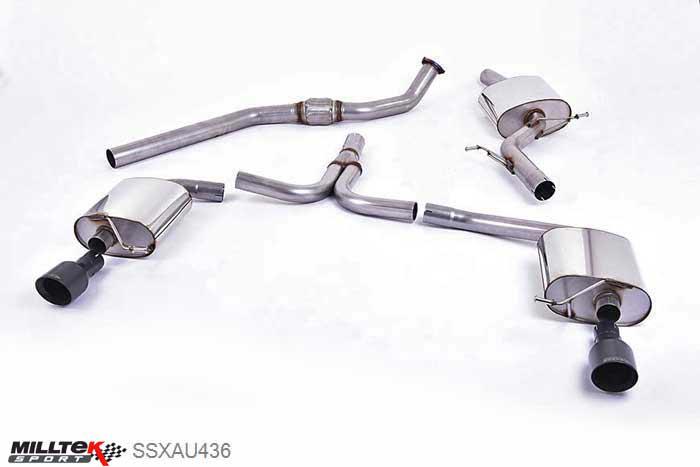 SSXAU436, Audi A4 2.0 TFSI S line B8 (2WD and quattro Tiptronic-only) Saloon and Avant 2008-2011 Milltek, Cat-back system, Dual-outlet. Cerakote Black Tip. Requires A4 3.2 S line dual outlet valance 100mm GT100 Cerakote Black, 2,76 inch, 70mm