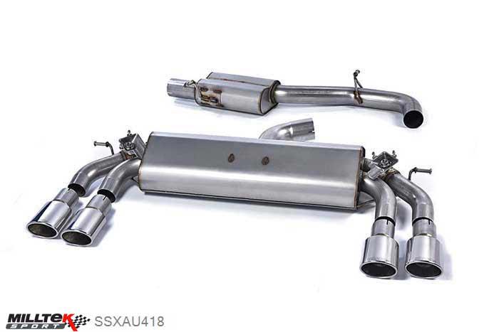SSXAU418, Audi S/RS S3 2.0 TFSI quattro Sportback 8V 2013- Milltek, Cat-back system, Resonated (quieter). Quad Oval Polished Tips 104x80mm Oval, 3 inch, 76,2mm