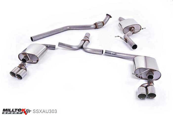SSXAU303, Audi A4 2.0 TFSI S line B8 (2WD and quattro Tiptronic-only) Saloon and Avant 2008-2011 Milltek, Cat-back system, Quad-outlet. Requires S4 3.0T lower spoiler and detailing strip Twin 80mm GT80 Polished, 2,76 inch, 70mm