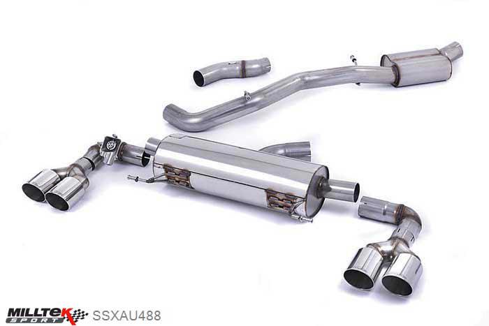 SSXAU488, Audi S/RS S1 2.0 TFSI quattro 2014- Milltek, Cat-back system, EC-Approved. Resonated (quieter). Quad Polished Round Tips Polished GT90, 3 inch, 76,2mm