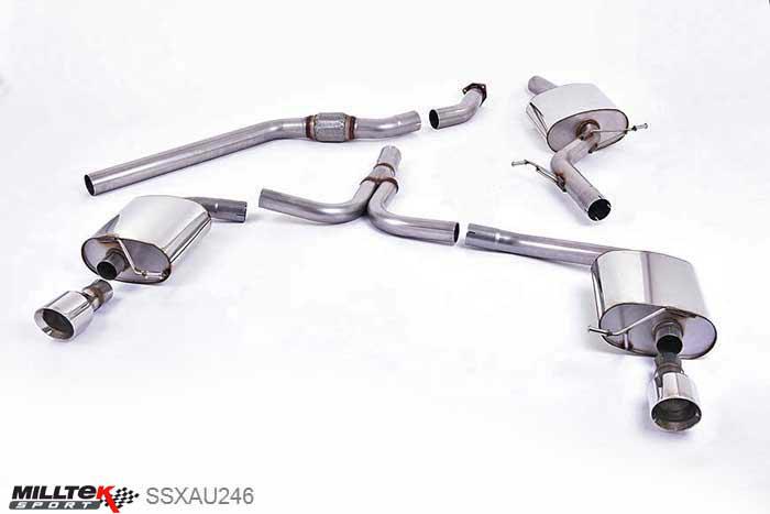 SSXAU246, Audi A4 1.8 TFSI S line B8 (160PS manual-only) Saloon and Avant 2008-2011 Milltek, Cat-back system, Dual-outlet. Requires A4 3.2 S line dual outlet valance 100mm GT100 Polished, 2,76 inch, 70mm