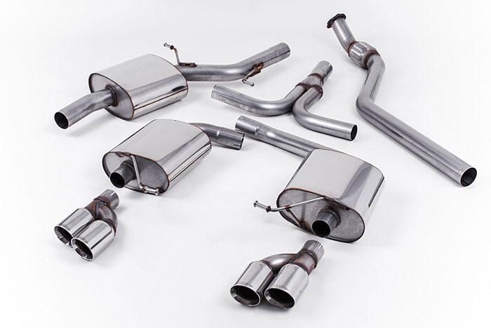 SSXAU242, Audi A5 Cabriolet 2.0 TFSI 2WD and quattro (manual only) 2009- Milltek, Cat-back system, Quad-outlet. Requires lower spoiler and detailing strip from the S5 3.0T Cabriolet. 2009-2012 models need part numbers 8T0 807 521B 1RR and 8T0 807 791 2ZZ. 2012 and later facelift models need part numbers 8T8 807 521 01C and 8T0 807 791 B 1RR. These parts are available from your local Audi dealer. Twin 80mm GT80 Polished, 2,76 inch, 70mm