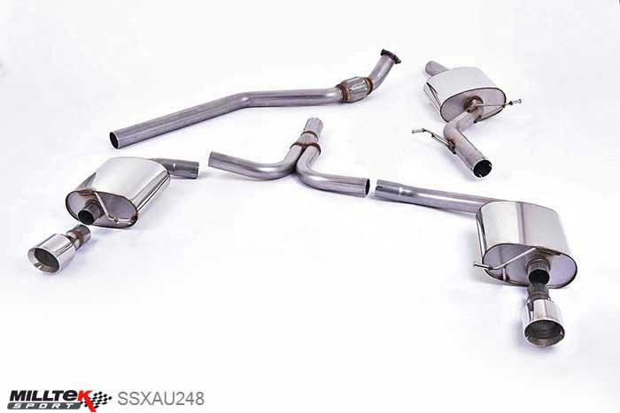 SSXAU248, Audi A4 2.0 TFSI S line B8 (2WD and quattro manual-only) Saloon and Avant 2008-2011 Milltek, Cat-back system, Dual-outlet. Requires A4 3.2 S line dual-outlet rear valance. Requires additional hanger bracket (Part # 8K0253144M) from your local Audi dealer 100mm GT100 Polished, 2,76 inch, 70mm