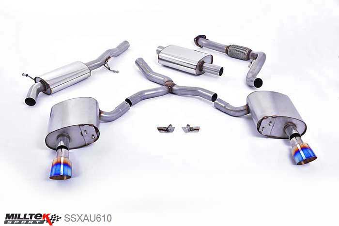 SSXAU610, Audi A4 2.0 TFSI B9 Quattro Saloon 2016- Milltek, Cat-back system, Resonated (quieter) with Dual GT-100 Burnt Titanium Trims - EC Approval Coming Soon 100mm GT100 Polished, N/A inch, N/Amm