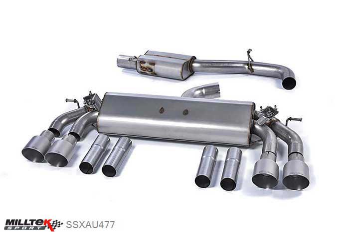 SSXAU477, Audi S/RS S3 2.0 TFSI quattro Saloon 8V 2013- Milltek, Cat-back system, Resonated (quieter). Quad Round Titanium Tips Quad 100mm GT100 Titanium, 3 inch, 76,2mm