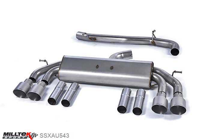 SSXAU543, Audi S/RS S3 2.0 TFSI quattro Saloon 8V 2013- Milltek, Cat-back system, Non-Valved Race System. Non-resonated (louder). Quad Round Titanium Tips Quad 100mm GT100 Titanium, 3 inch, 76,2mm
