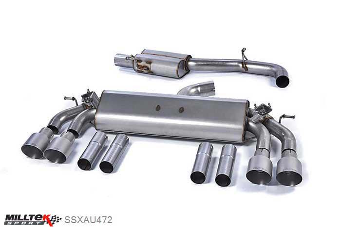 SSXAU472, Audi S/RS S3 2.0 TFSI quattro Saloon 8V 2013- Milltek, Cat-back system, Non-resonated (louder). Quad Round Titanium Tips Quad 100mm GT100 Titanium, 3 inch, 76,2mm