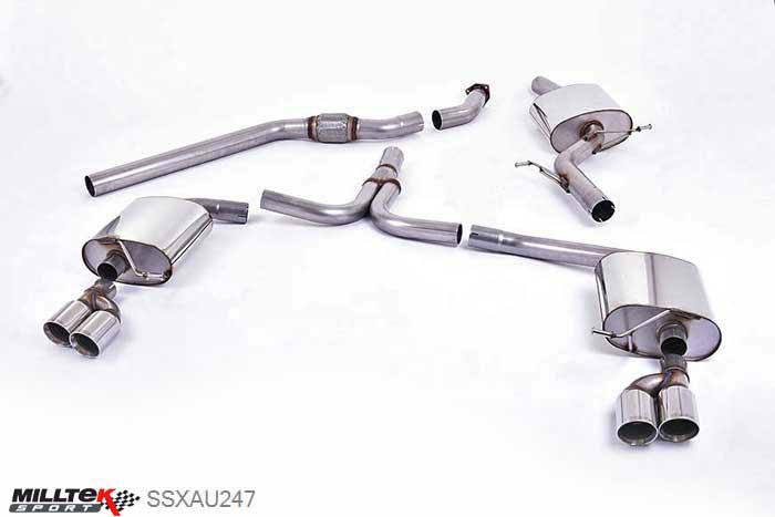 SSXAU247, Audi A4 1.8 TFSI S line B8 (160PS manual-only) Saloon and Avant 2008-2011 Milltek, Cat-back system, Quad-outlet. Requires S4 3.0T lower spoiler and detailing strip Twin 80mm GT80 Polished, 2,76 inch, 70mm