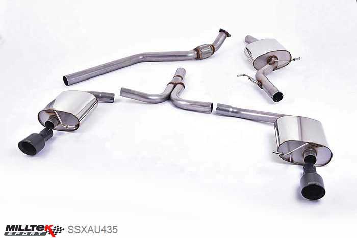 SSXAU435, Audi A4 2.0 TFSI S line B8 (2WD and quattro manual-only) Saloon and Avant 2008-2011 Milltek, Cat-back system, Dual-outlet. Cerakote Black Tip. Requires A4 3.2 S line dual outlet valance and additional hanger bracket (Part # 8K0253144M) from your local Audi dealer 100mm GT100 Cerakote Black, 2,76 inch, 70mm