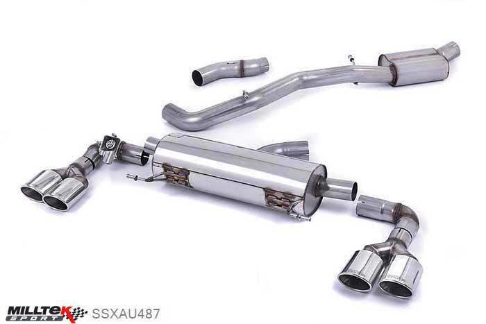SSXAU487, Audi S/RS S1 2.0 TFSI quattro 2014- Milltek, Cat-back system, EC-Approved. Resonated (quieter). Quad Polished Oval Tips. Polished Oval, 3 inch, 76,2mm