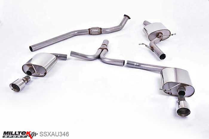 SSXAU346, Audi A4 2.0 TFSI S line B8 (2WD and quattro Tiptronic-only) Saloon and Avant 2008-2011 Milltek, Cat-back system, For Asian market extended wheelbase A4L model. Dual-outlet. Requires A4 3.2 S line dual-outlet rear valance 100mm GT100 Polished, 2,76 inch, 70mm