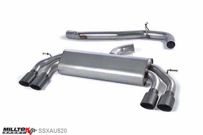 SSXAU520, Audi S/RS S3 2.0 TFSI quattro 3-Door 8V 2013- Milltek, Cat-back system, Non-Valved Race System. Non-resonated (louder). Quad Oval Cerakote Black Tips , 3 inch, 76,2mm