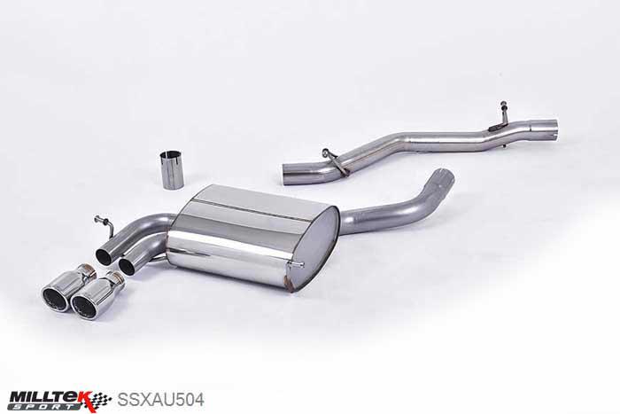 SSXAU504, Audi A3 3.2 V6 quattro 3 door and 5 door Sportback 2003-2012 Milltek, Cat-back system, Non-resonated (louder) Twin 76.2mm Jet, 2,5 inch, 63,5mm
