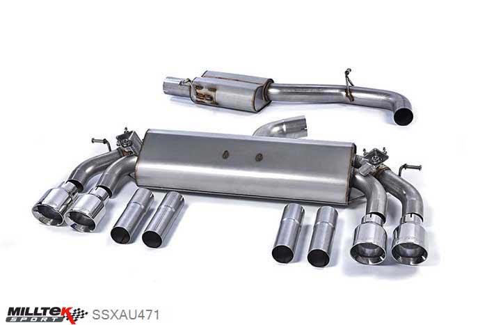 SSXAU471, Audi S/RS S3 2.0 TFSI quattro Saloon 8V 2013- Milltek, Cat-back system, Non-resonated (louder). Quad Round Polished Tips Quad 100mm GT100 Polished, 3 inch, 76,2mm