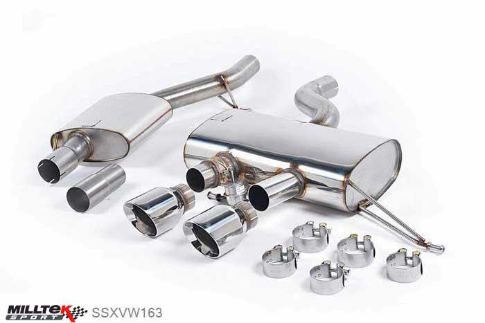 SSXVW163, VW Golf Mk6 R 2.0 TSI 270PS 2009-2013 Milltek, Cat-back system, Resonated (quieter). EC Type-Approved. Polished Trims. Dual GT100 Polished, 2,75 inch, 69,85mm