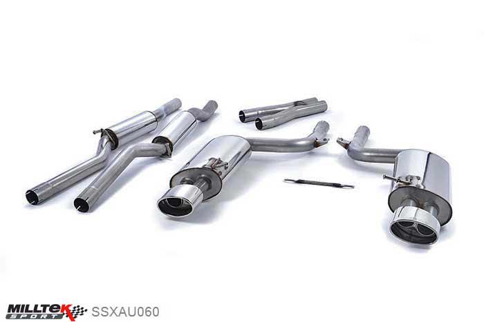 SSXAU060, Audi S/RS RS4 B7 4.2 V8 Saloon Avant and Cabriolet 2006-2008 Milltek, Cat-back system, Resonated. Without Valves in the rear silencers. Polished Oval Trims Special 224 Special 225, 2,36 inch, 60mm