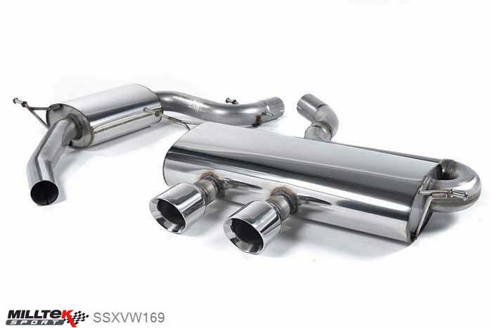 SSXVW169, VW Golf Mk5 GTi 2.0T FSI 2004-2009 Milltek, Cat-back system, R32-style. Resonated. Must be fitted with an R32 rear valance Dual 100mm GT100 Polished, 2,75 inch, 69,85mm