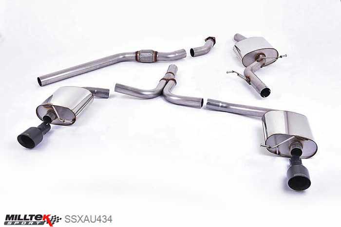 SSXAU434, Audi A4 1.8 TFSI S line B8 (160PS manual-only) Saloon and Avant 2008-2011 Milltek, Cat-back system, Dual-outlet. Cerakote Black Tip. Requires A4 3.2 S line dual outlet valance 100mm GT100 Cerakote Black, 2,76 inch, 70mm