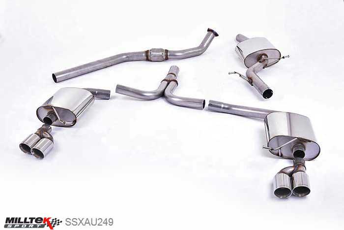 SSXAU249, Audi A4 2.0 TFSI S line B8 (2WD and quattro manual-only) Saloon and Avant 2008-2011 Milltek, Cat-back system, Quad-outlet. Requires S4 3.0T lower spoiler and detailing strip and additional hanger bracket (Part # 8K0253144M) from your local Audi dealer Twin 80mm GT80 Polished, 2,76 inch, 70mm