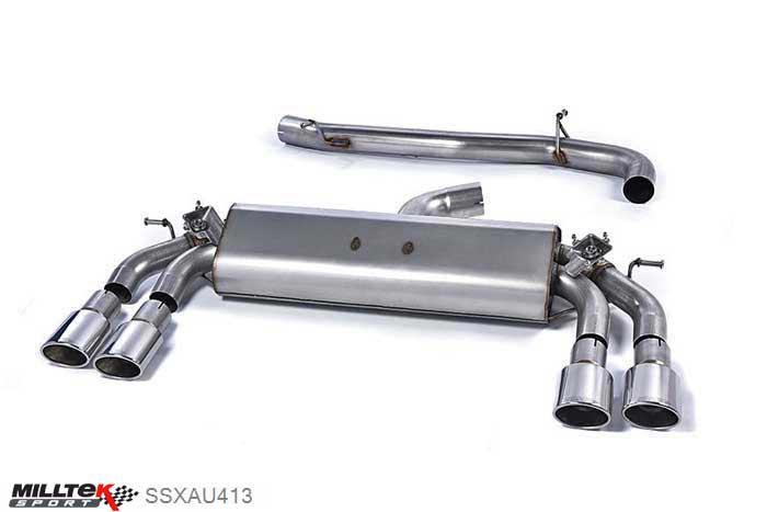 SSXAU413, Audi S/RS S3 2.0 TFSI quattro Sportback 8V 2013- Milltek, Cat-back system, Non-resonated (louder). Quad Oval Polished Tips 104x80mm Oval, 3 inch, 76,2mm