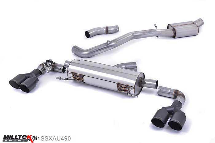 SSXAU490, Audi S/RS S1 2.0 TFSI quattro 2014- Milltek, Cat-back system, EC-Approved. Resonated (quieter). Quad Cerakote Black Round Tips. Black GT90, 3 inch, 76,2mm
