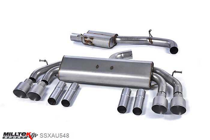 SSXAU548, Audi S/RS S3 2.0 TFSI quattro Saloon 8V 2013- Milltek, Cat-back system, Non-Valved Race System. Resonated (quieter). Quad Round Titanium Tips Quad 100mm GT100 Titanium, 3 inch, 76,2mm