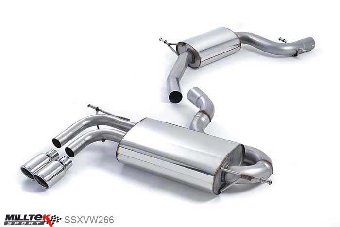 SSXVW266, VW Golf Mk5 GTi 2.0T FSI 2004-2009 Milltek, Cat-back system, Resonated (quieter) with smaller-volume rear silencer. Twin 80mm Jet, 2,75 inch, 69,85mm