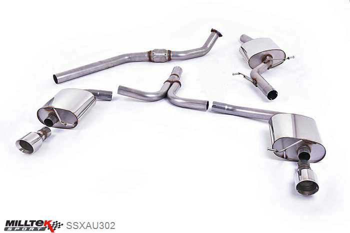SSXAU302, Audi A4 2.0 TFSI S line B8 (2WD and quattro Tiptronic-only) Saloon and Avant 2008-2011 Milltek, Cat-back system, Dual-outlet. Requires A4 3.2 S line dual-outlet rear valance 100mm GT100 Polished, 2,76 inch, 70mm