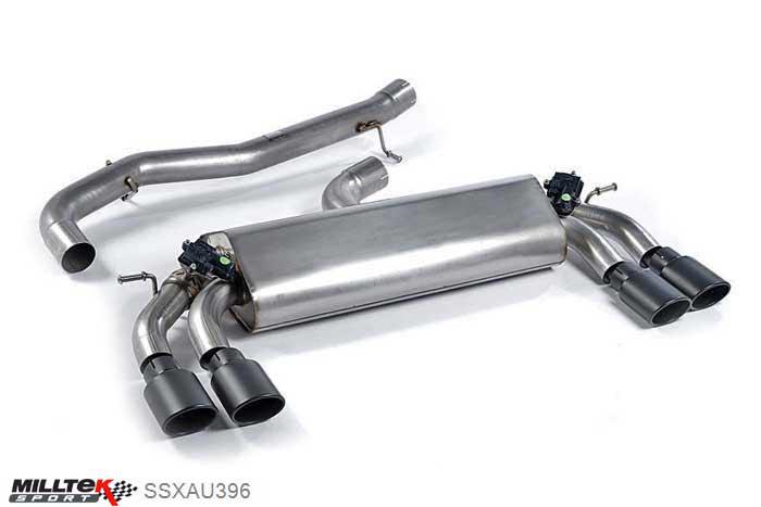 SSXAU396, Audi S/RS S3 2.0 TFSI quattro 3-Door 8V 2013- Milltek, Cat-back system, Non-resonated (louder). Quad Oval Cerakote Black Tips , 3 inch, 76,2mm