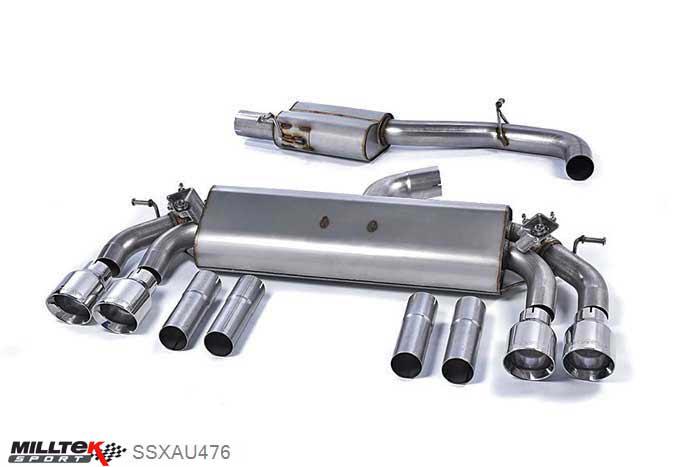 SSXAU476, Audi S/RS S3 2.0 TFSI quattro Saloon 8V 2013- Milltek, Cat-back system, Resonated (quieter). Quad Round Polished Tips Quad 100mm GT100 Polished, 3 inch, 76,2mm