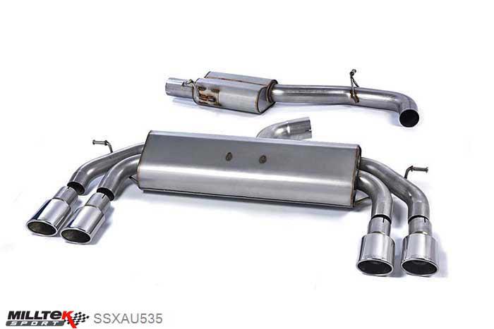 SSXAU535, Audi S/RS S3 2.0 TFSI quattro Sportback 8V 2013- Milltek, Cat-back system, Non-Valved Race System. Resonated (quieter). Quad Oval Polished Tips 104x80mm Oval, 3 inch, 76,2mm