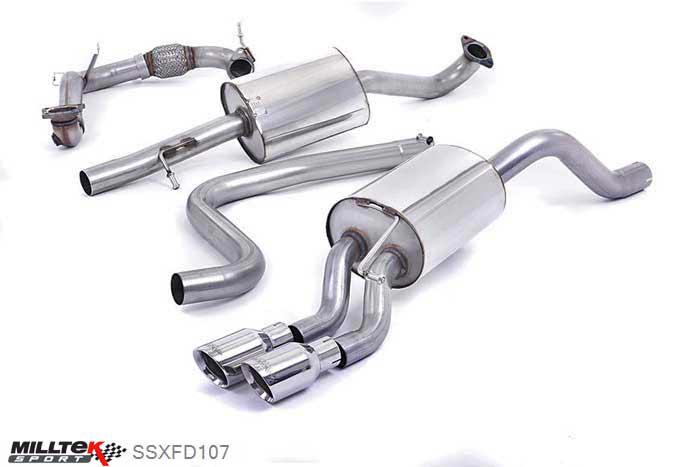 SSXFD107, Ford Fiesta 1.0T EcoBoost (100/125/140PS) 2013- Milltek, Turbo-back system excluding Hi-Flow Sports Cat, Resonated (quieter). Polished Tips. Requires a Stage 2 ECU remap. Requires Fiesta Zetec S rear valance (part number 1833264) available from your local Ford dealer Twin 80mm GT80 Polished, 2,37 inch, 60,3mm