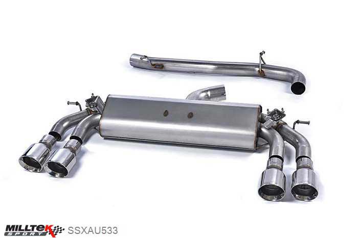 SSXAU533, Audi S/RS S3 2.0 TFSI quattro Sportback 8V 2013- Milltek, Cat-back system, Non-Valved Race System. Non-resonated (louder). Quad Round Polished Tips Quad 100mm GT100 Polished, 3 inch, 76,2mm