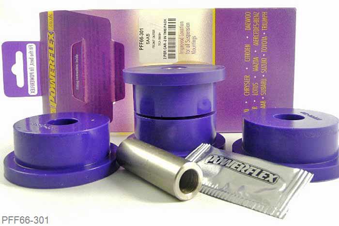 PFF66-301, Saab 9-3 (1998-2002), Front Track Control Arm Outer Bush For Saab 900 PFF66-301 only fits models produced between 1995 to 1998 and measures 58mm diameter. It does not fit 1994 models. - For models produced in 1994, use PFF66-306 which is a smaller bush measuring 45mm diameter., 2 stuk(s) benodigd  per auto, 2 stuk(s) in verpakking, prijs per set van 2 stuk(s)