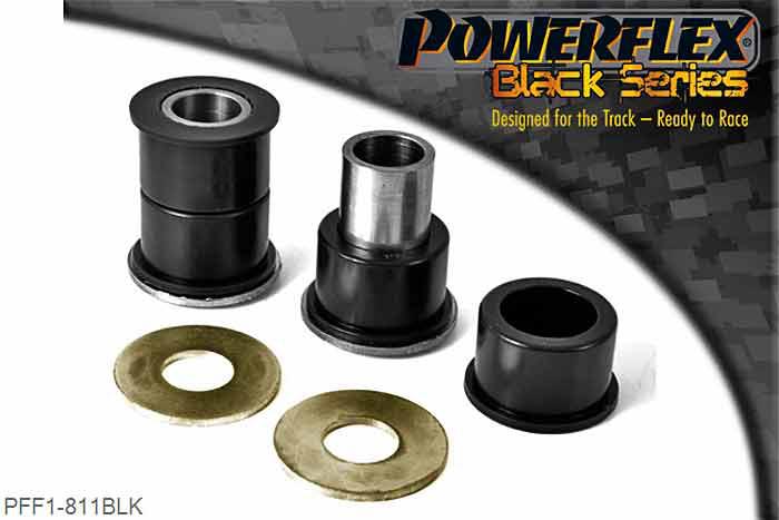 PFF1-811BLK, Alfa Romeo 147 (2000-2010), 156 (1997-2007), GT (2003-2010) Front Lower Wishbone Front Bush, These bushes are designed to fit genuine control arms. If non genuine arms are fitted and you find the stainless steel sleeve not to fit onto the wishbone, please contact us with dimensions of the wishbone pin as you will require modified sleeves. There can be an issue with the PFF1-811 centre sleeve bore size.  We have seen arms with 19 or 20mm centre pins.   Included with the PFF1-811 bushes is the more popular 19mm sleeve  If you find this is incorrect for your car then please telephone and we will send you a 20mm sleeve free of charge. WE RECOMMEND THE USE OF LOCTITE 648 OR 848 TO SECURE CENTRE SLEEVE TO ARM, 2 stuk(s) benodigd  per auto, 2 stuk(s) in verpakking, prijs per set van 2 stuk(s)